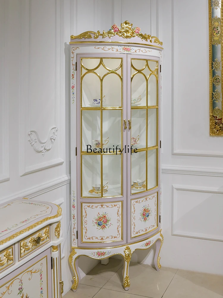 French Cream Style Villa Restaurant Corner Curio Cabinet Hand Painted Triangle Display Cabinet Made of Glass