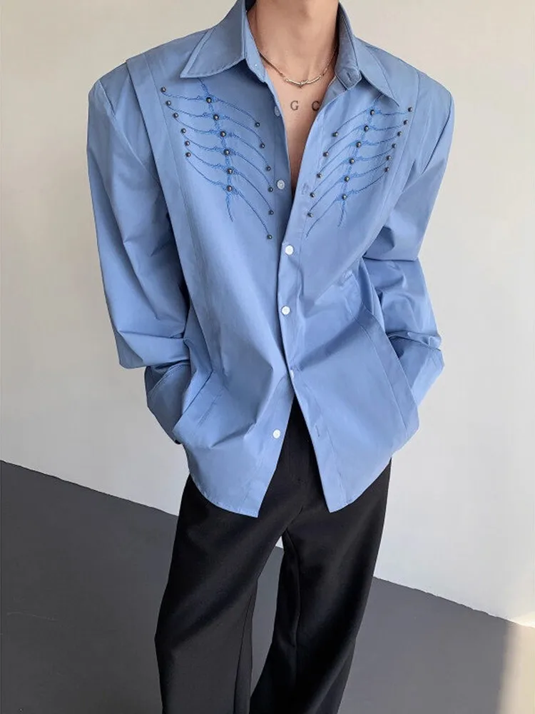 Heavy Embroidery Rivet Spine Long Sleeve Loose Men's Shirt American Design Casual Style Autumn Spring Fashion Trend