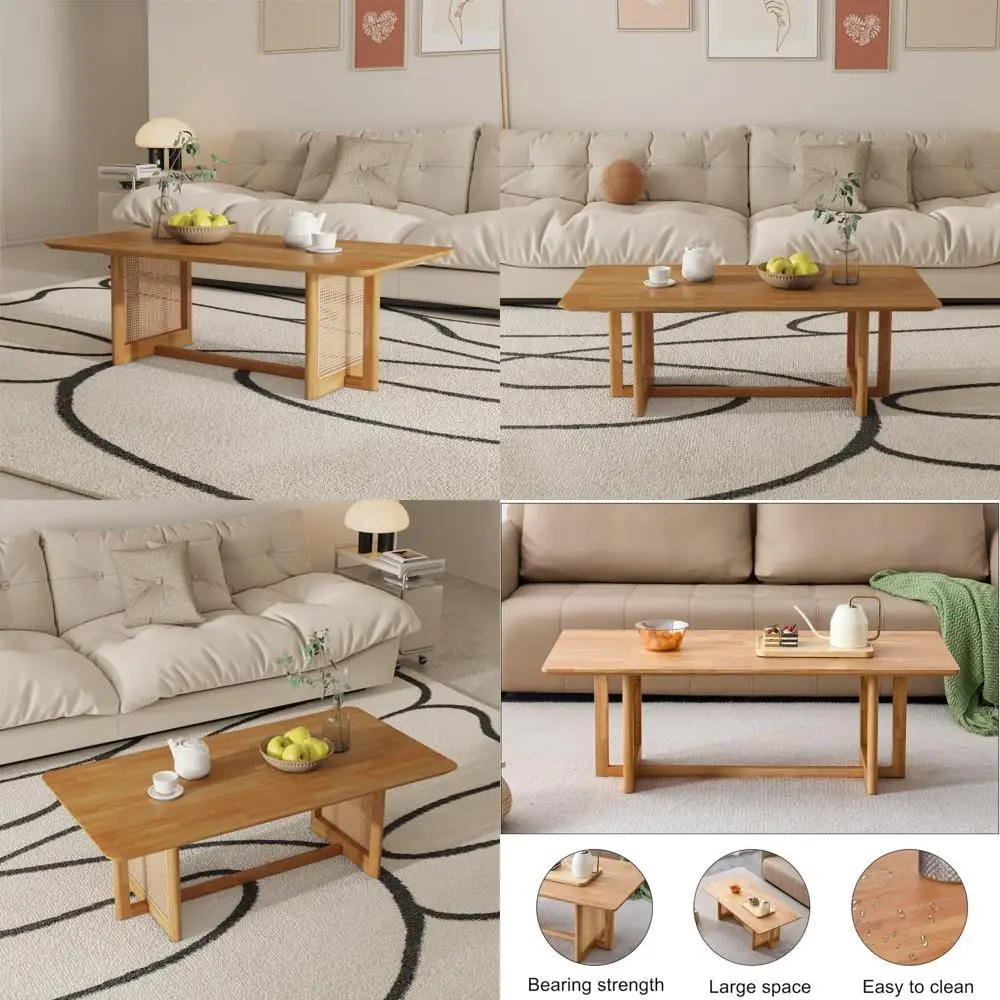 Прямоугольный деревянный журнальный столик в стиле бохо с ножками в стиле ротанга для гостиной