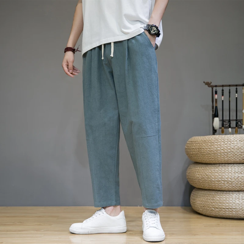 

Мужские повседневные брюки из льна и хлопка цвета хаки, винтажные, свободные, широкие, летние, комфортные, укороченные (7/8)