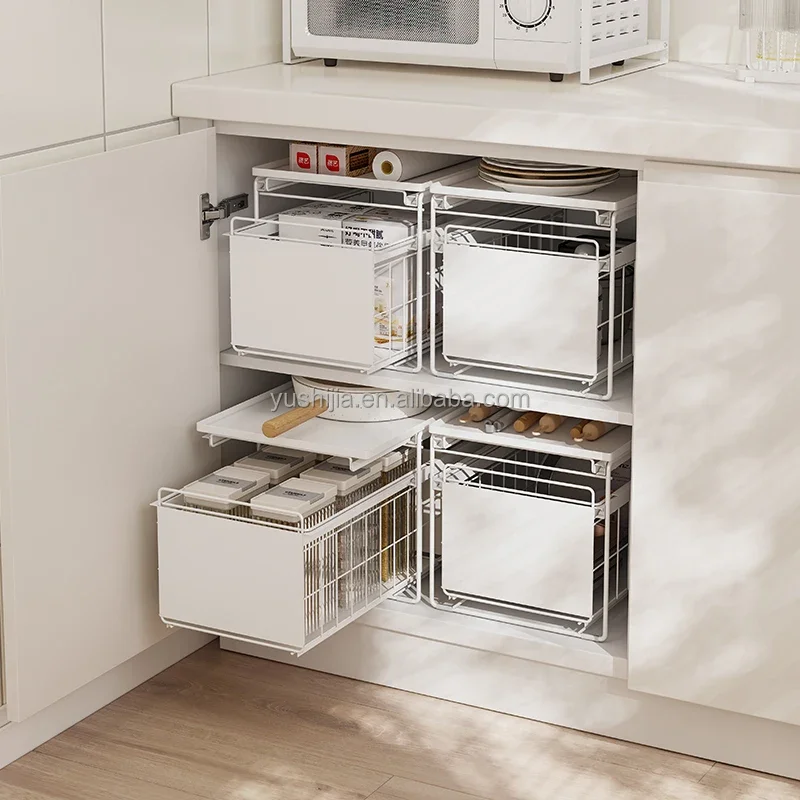 

Yushijia NEW DESIGN Space Saving Double Sliding Drawer Plate Storage Rack Under Sink Cabinet Kitchen Organizer