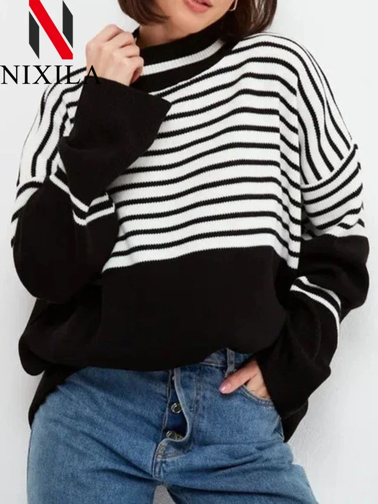 

New In Women's Pullovers Stripes Are Simple Casual Female Sweater Elegant Fashion Long Sleeve Tops Loose Vintage Woman Blouse