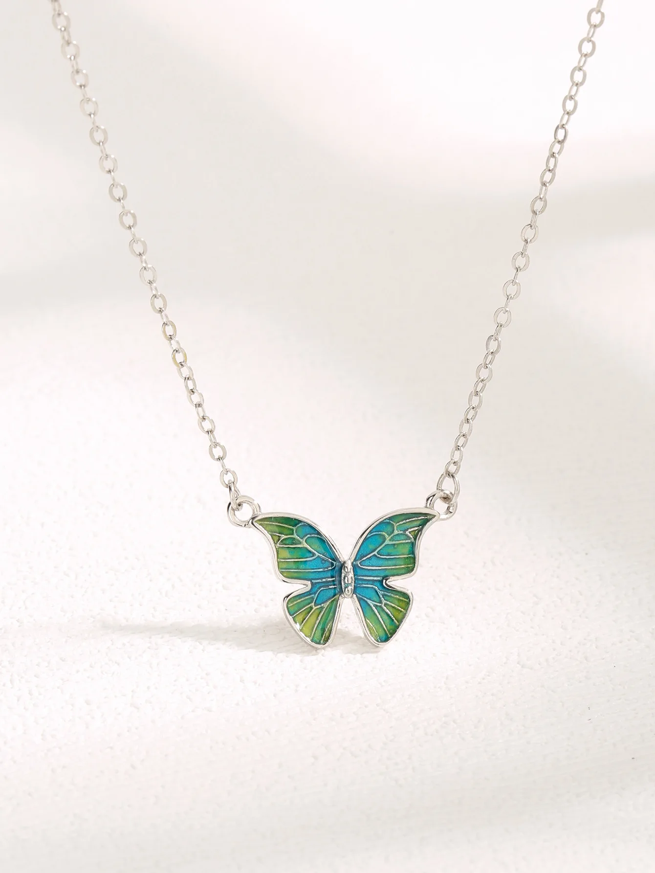 

Sterling 925 Silver Drop Glue Butterfly Pendant Necklace with Cyan Color,Retro Elegant Style for Party or Office Wearing