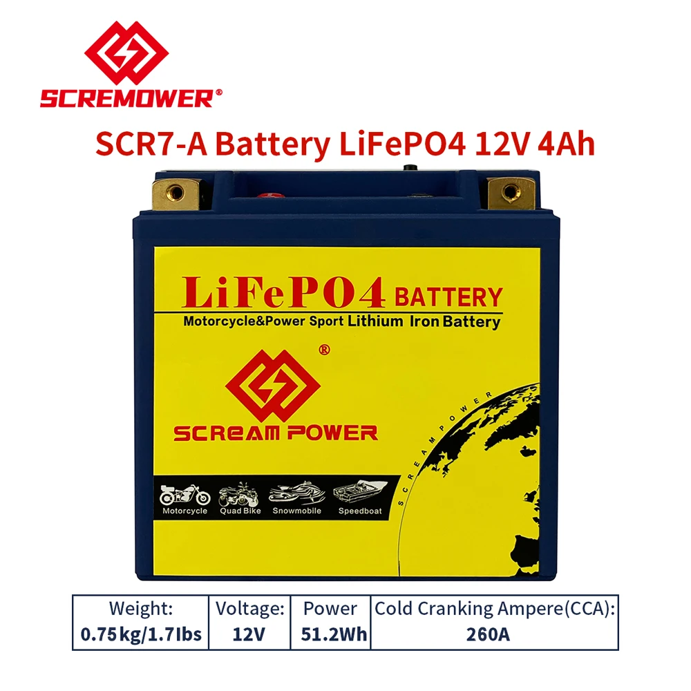 7-A Lithium Motorcycle LiFePO4 Battery 12V 4Ah Powersports Battery Built-in BMS for Motor Dirt Bikes Jet Ski Tractor Lawn Mower