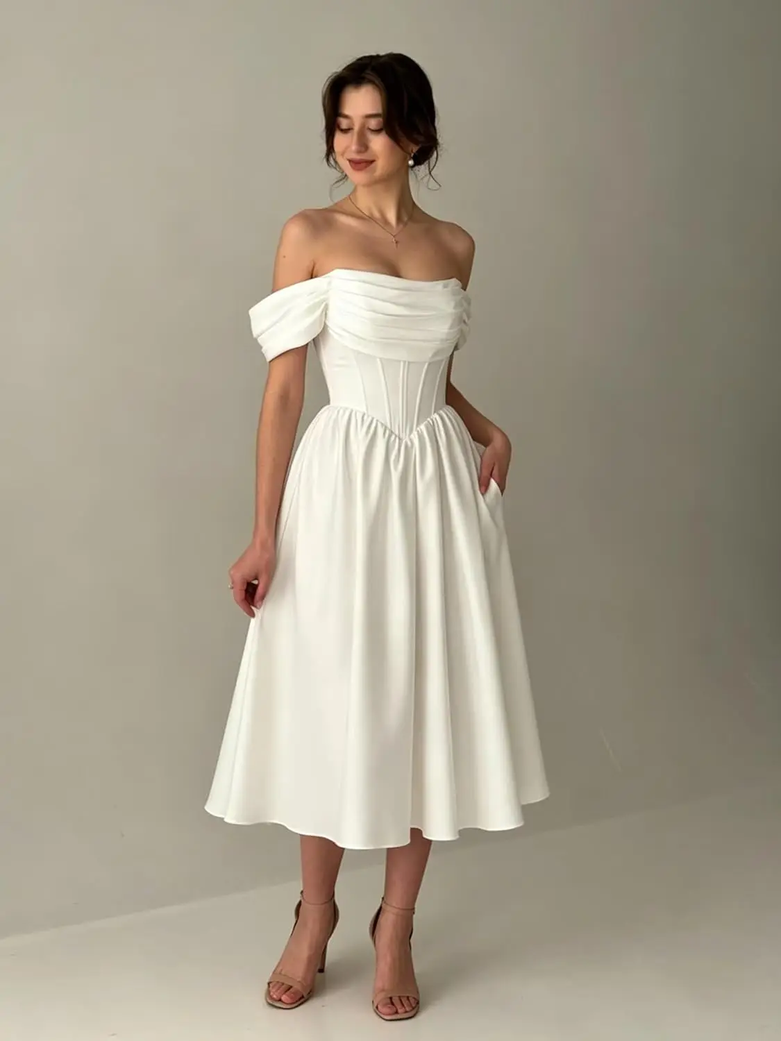 

A-Line with Pocket Tea Length Homecoming Dress Party Gown bridesmaid dress Simple Off the Shoulder Satin Wedding Dress for Bride