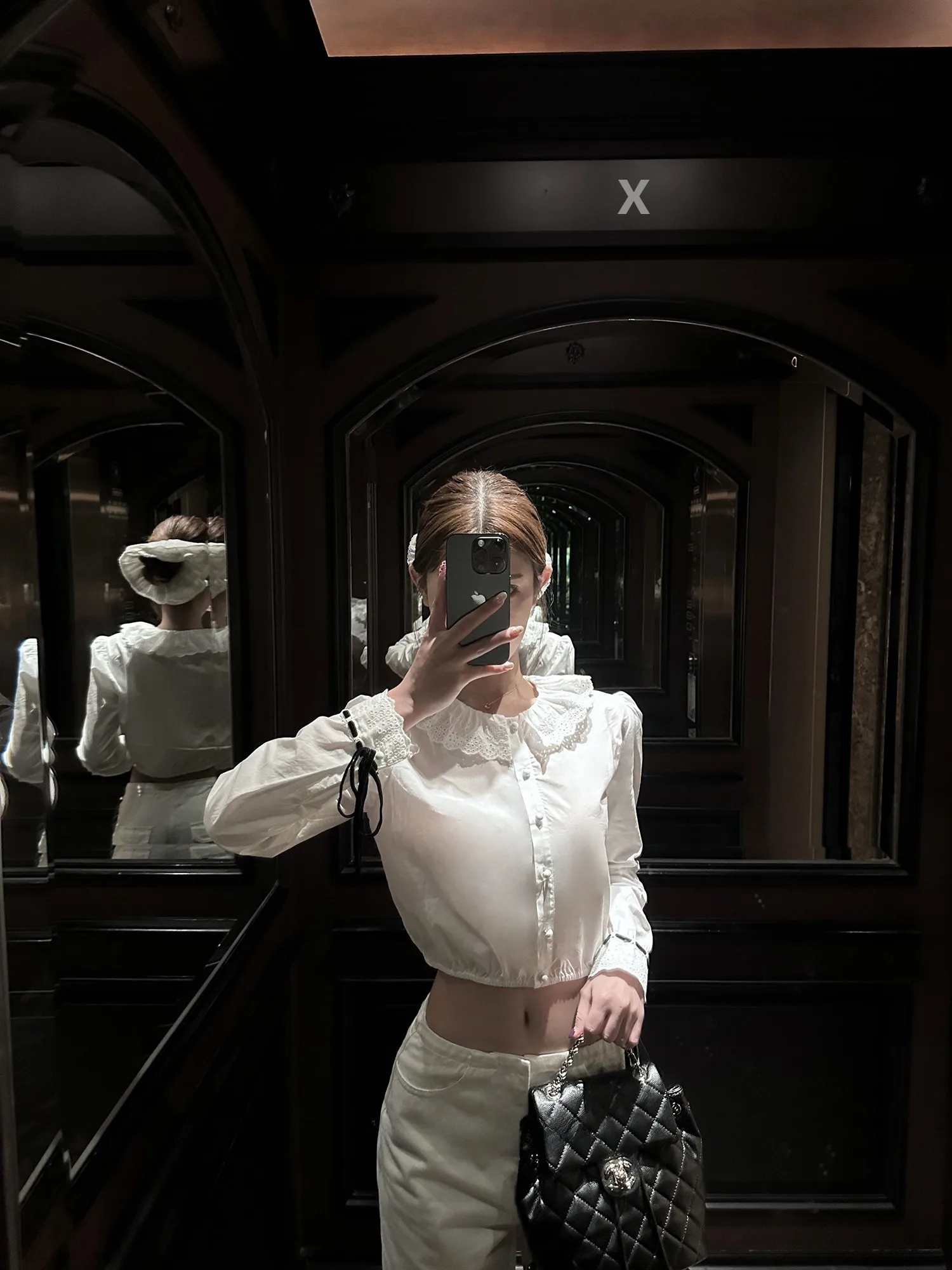 

Wuuus Lilyan Ruffle Lace Doll Shirt Women's Spring Summer White Long Sleeve Belly Button Baring Short Style Button up Top