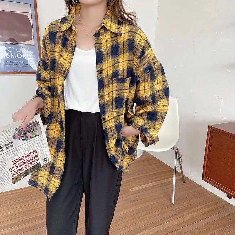 

Classic Plaid Shirt Women's Loose Fit Retro Style Autumn New Cleanfit Waist-Cinching Poly Fabric A-Sleeve Short Sleeve