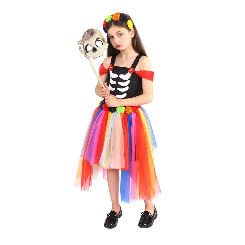 Children Funny Skull Print Witch Cosplay Costume Halloween Black Long Sleeve Dress Sets Girl Holiday Party Stage Show Clothe