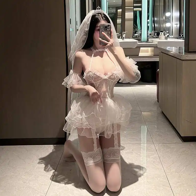 New Design Women\'s Sexy Lace Roleplay Bride Lingerie Dress Lady Naughty Party Cosplay Wedding Dress Naugty Fliter Costumes