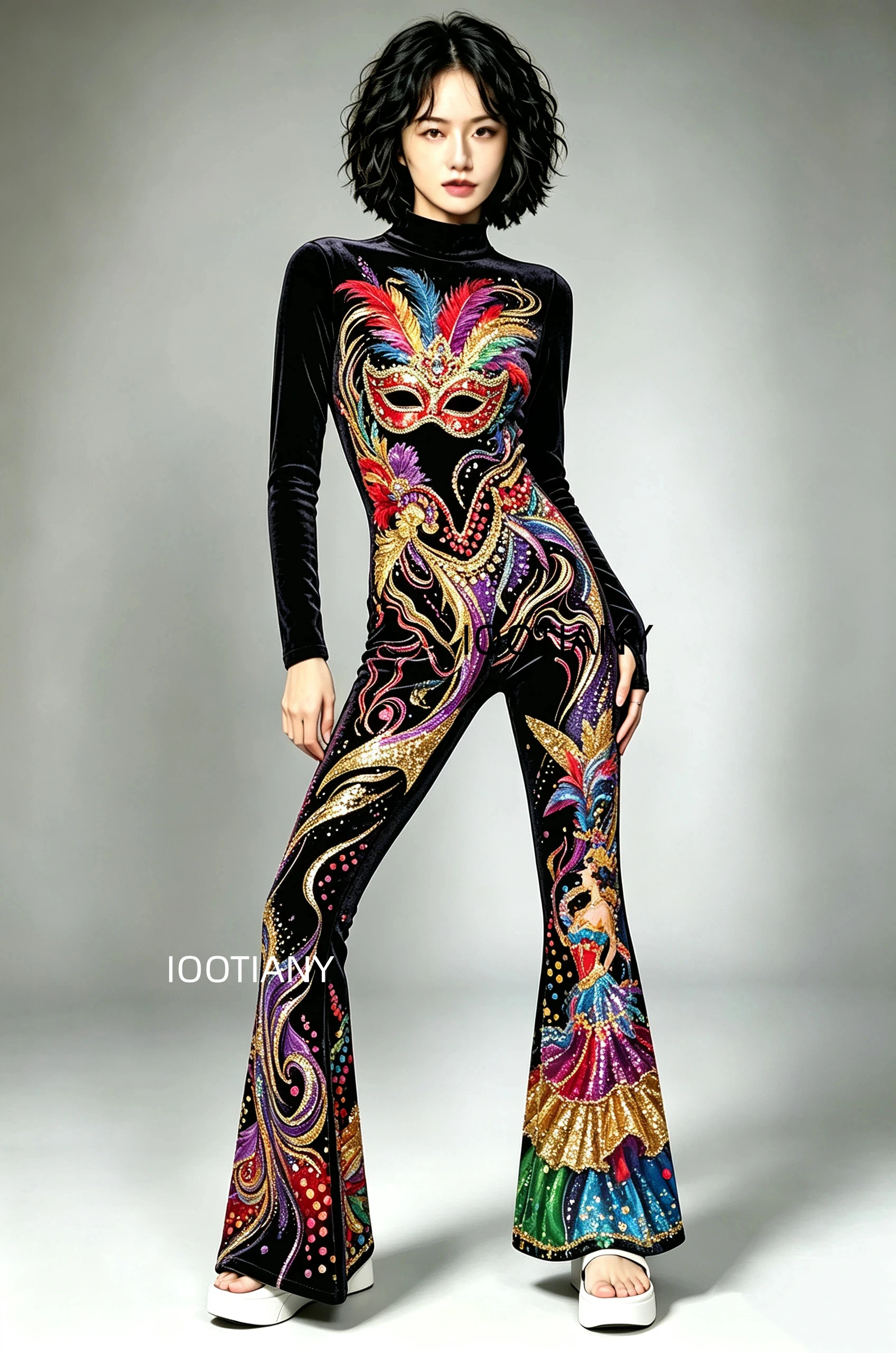 Damen Retro Skinny Flared Bell Bottom Jumpsuit, königlicher Bühnen-Performance-Bodysuit, Leoparden-Club-Cosplay-Show-Outfit – Detail 3