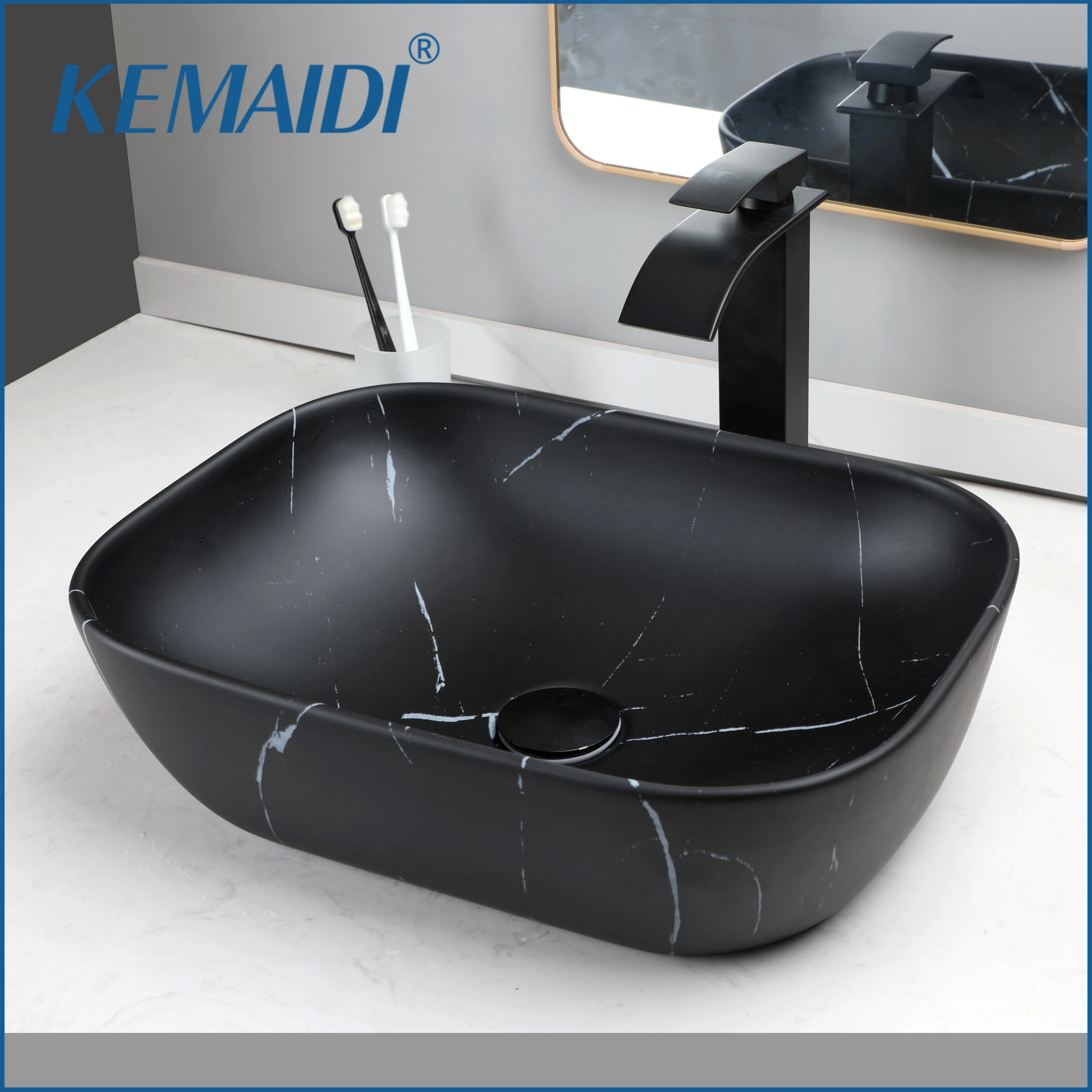 

KEMAIDI Marble Vessel Sink BoomHoze Black Vessel Sink Faucet and Drain Combo Marble Coated Porcelain Bathroom Sink Above Counter