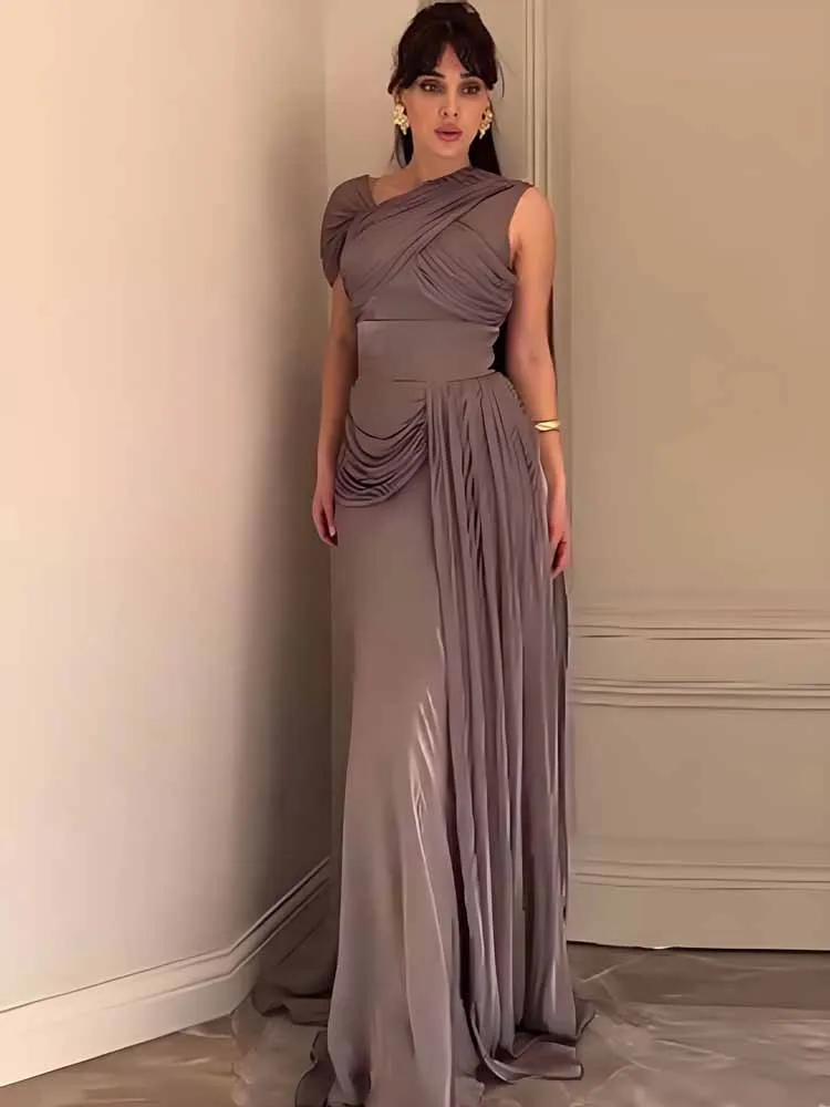 Femmes élégantes plissées irrégulière robe Maxi Chic Patchwork sans manches ruban Satin soirée robe de bal 2025 tempérament robe longue