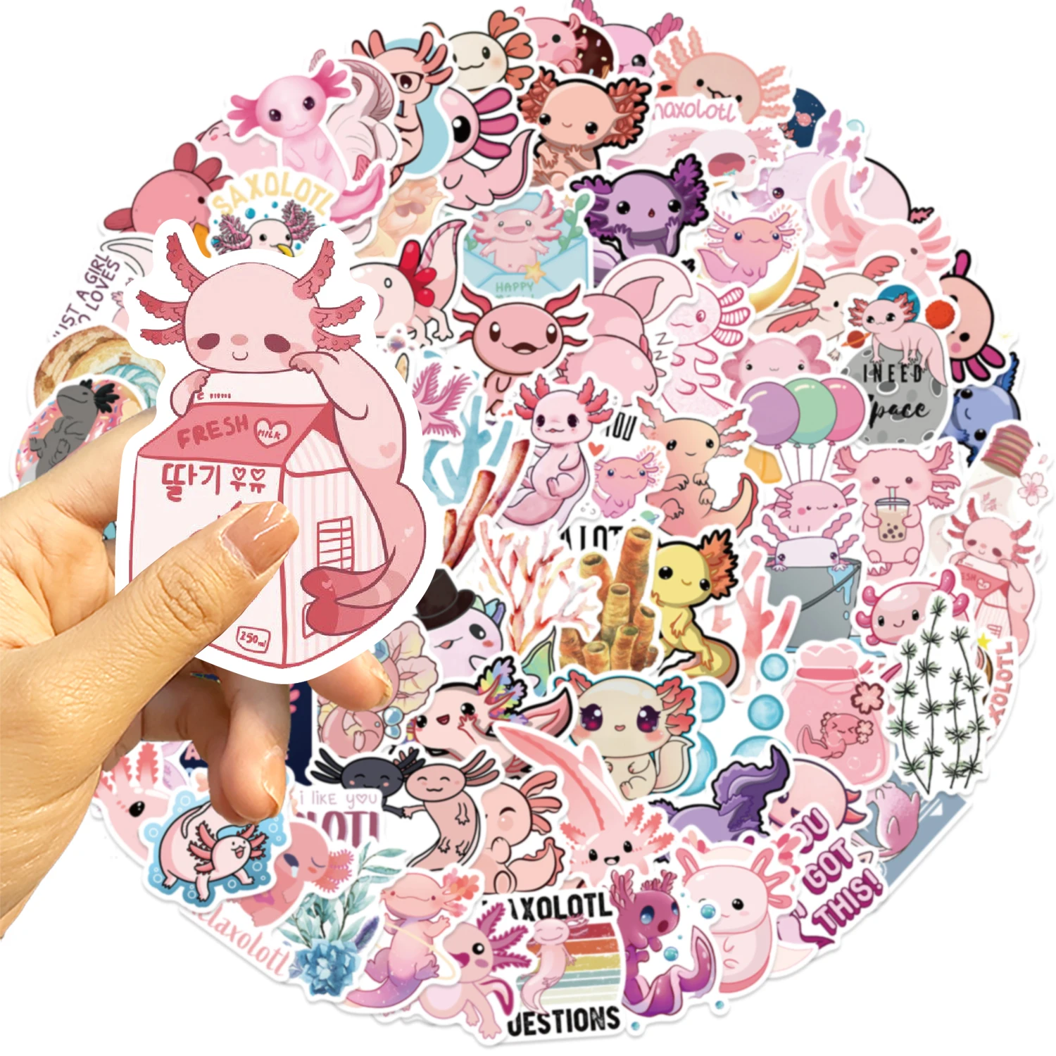100 Stück Kawaii Cartoon Axolotl PVC-Aufkleber Niedliche Tier-DIY-Spielzeug-Geschenk-Graffiti-Aufkleber für Telefon, Gepäck, Laptop, Scrapbook, wasserfest