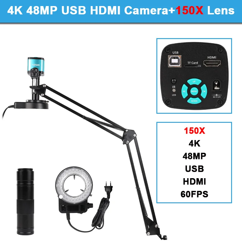 

USB/VGA HDMI Electronic Microscope 13MP/48MP Monocular Camera 150X Zoom Lens Ring Light Illumination DIY Soldering Microscope