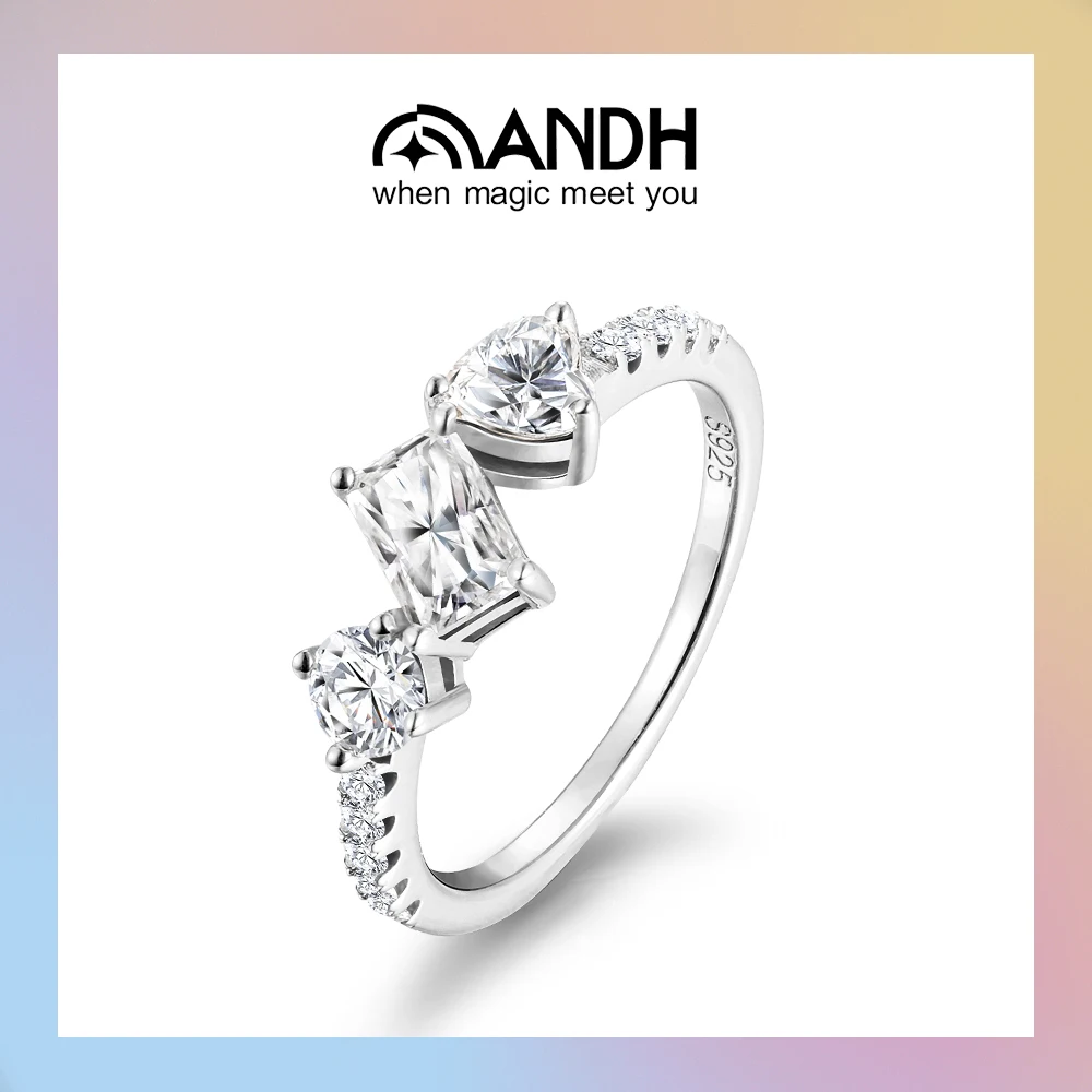 ANDH ثلاثة حجر مويسانيتي خاتم للنساء 925 فضة تألق الماس خاتم الخطوبة أنيقة حفلة غرامة مجوهرات هدية #1