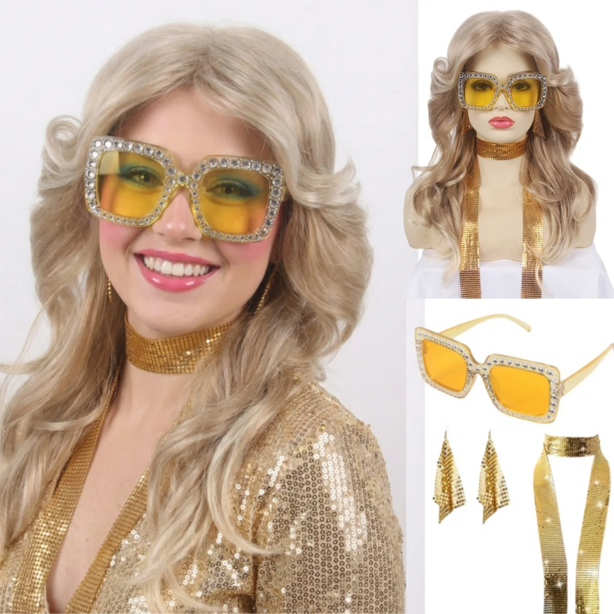 REEWES Blonde Wig 70s 80s Farrah Fawcett Wigs Disco Halloween Costume Cosplay Black Brown Synthetic Wigs Daily Party