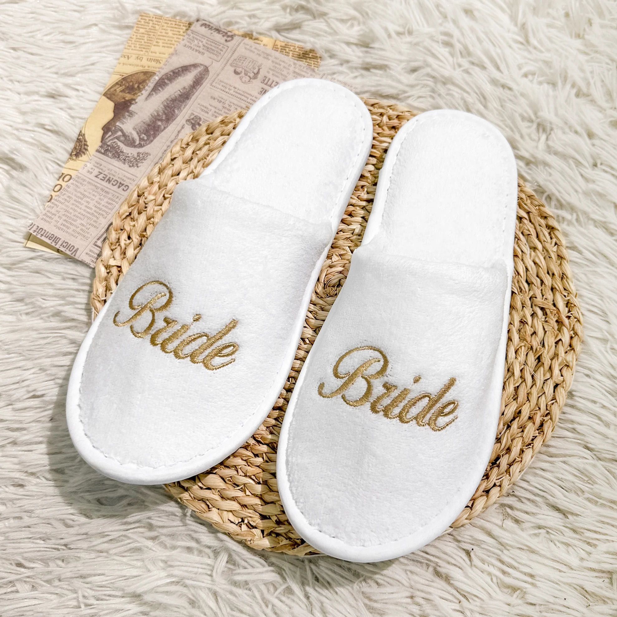 Bridal Party Slippers Set, Close-toe With Golden & Pink Embroidery, Lightweight Plush Cozy Flats, Non-slip Soft Sole For Bride image 4