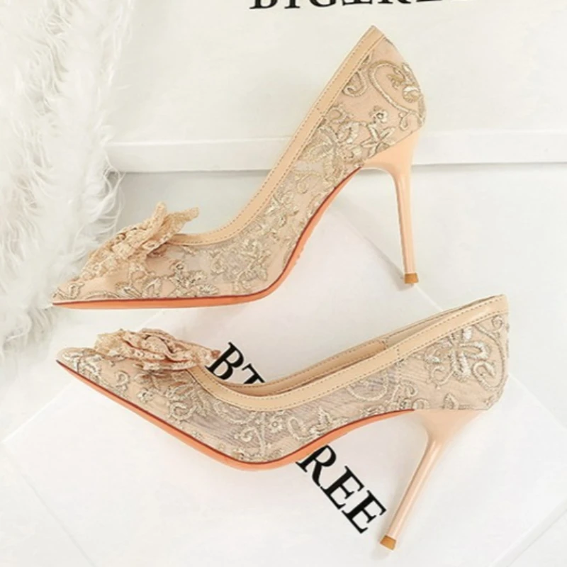 BIGTREE Shoes Women 9.5 Cm Heels Lace Mesh Women Pumps Bowknot High Heels Stiletto Sexy Party Shoes Fashion Lady Wedding Shoes view 4
