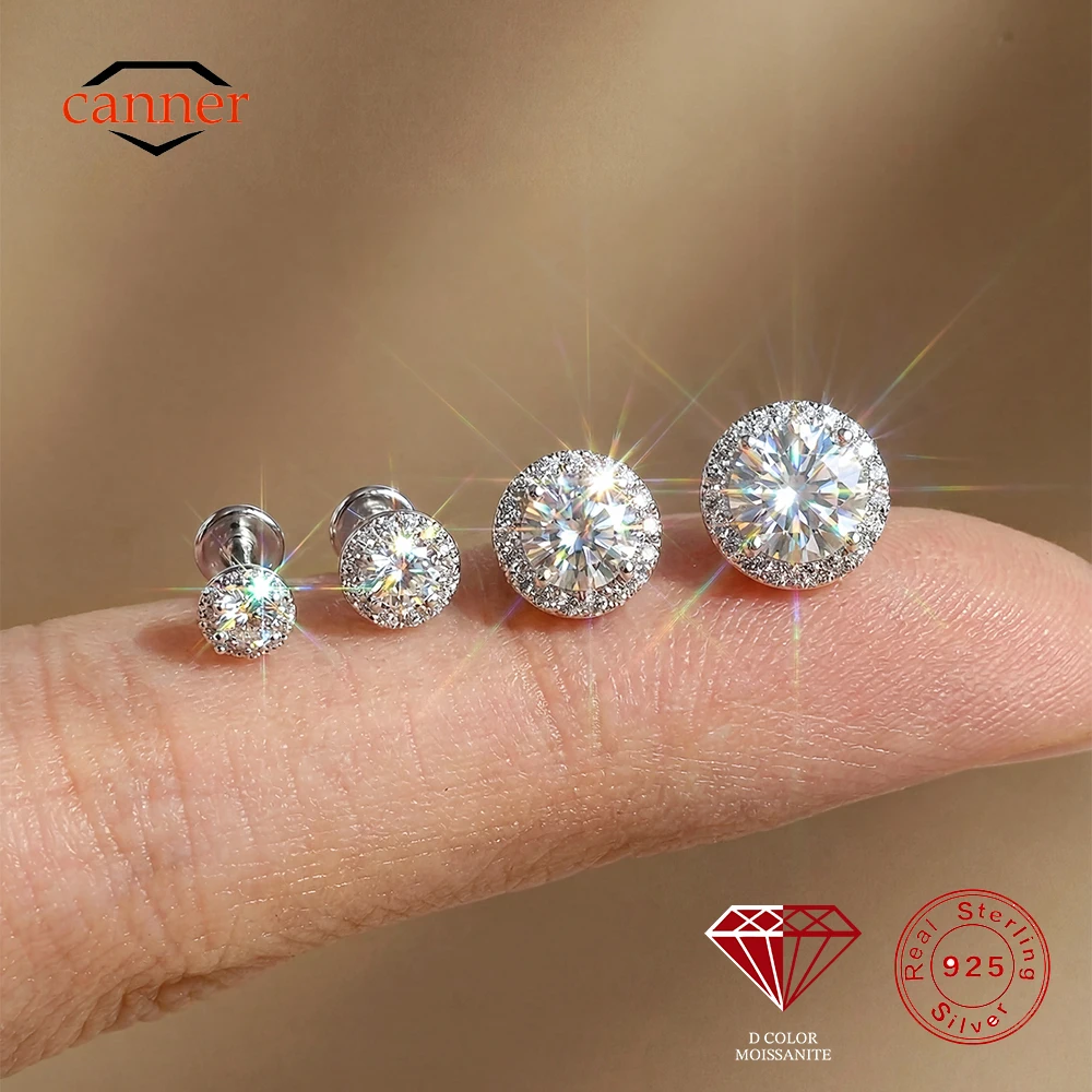 CANNER 1PC Sparkling 0.03-1.2 Carat D Color Round Moissanite 925 Sterling Silver Piercing Earring For Women Ear Stud Earring Gif