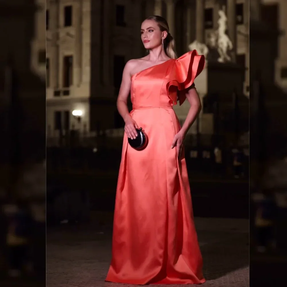 

Customized Satin Ruched Cocktail Party Gown A-line One-shoulder Prom Long Dresses Exquisite High Quality Evening Dress for Women