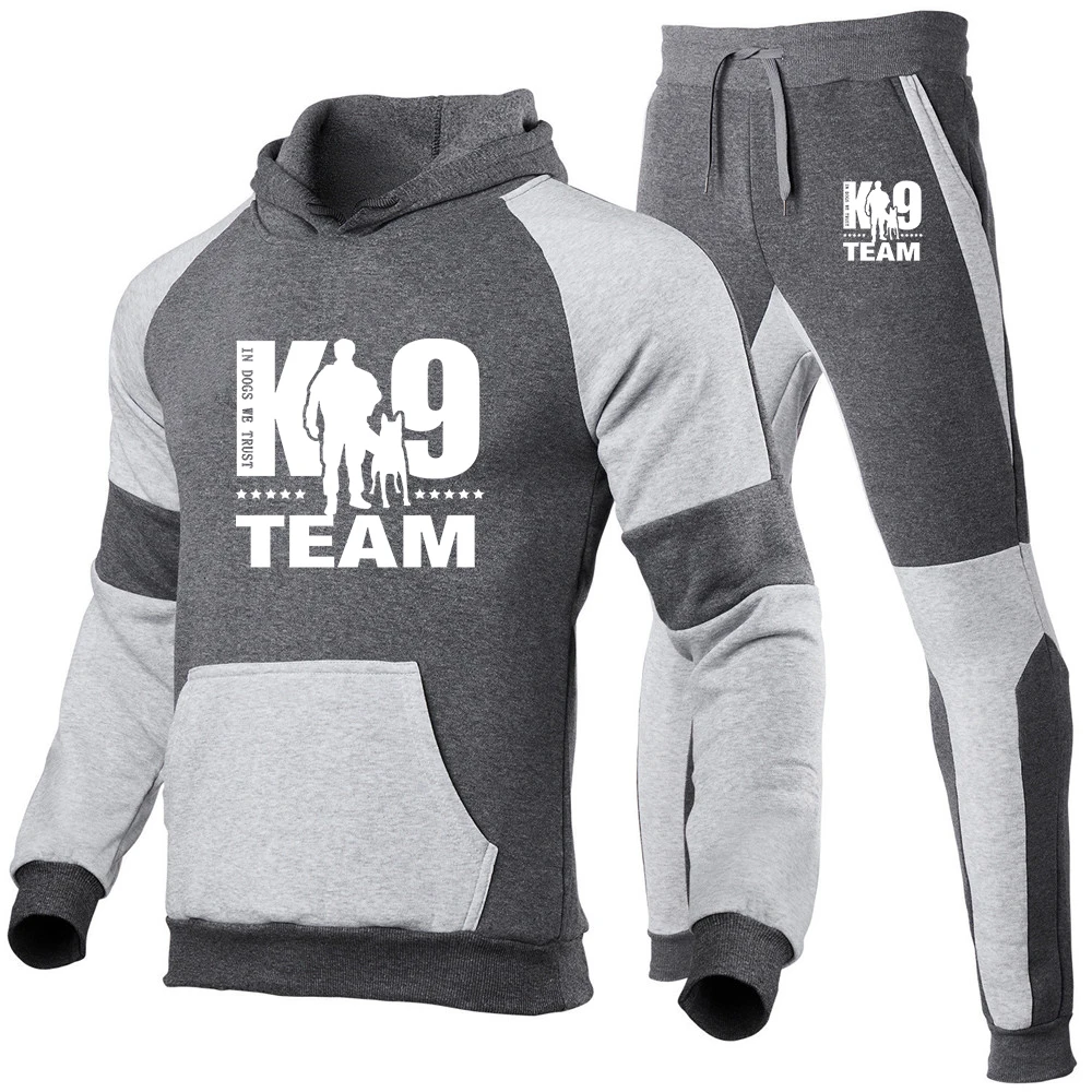 TRAINER K9 Team K9 Unit Malinois Spring Autumn Men\'s New Suit Printed Color Matching Hoodie+Drawstring Pants Fashion 2Pcs Set