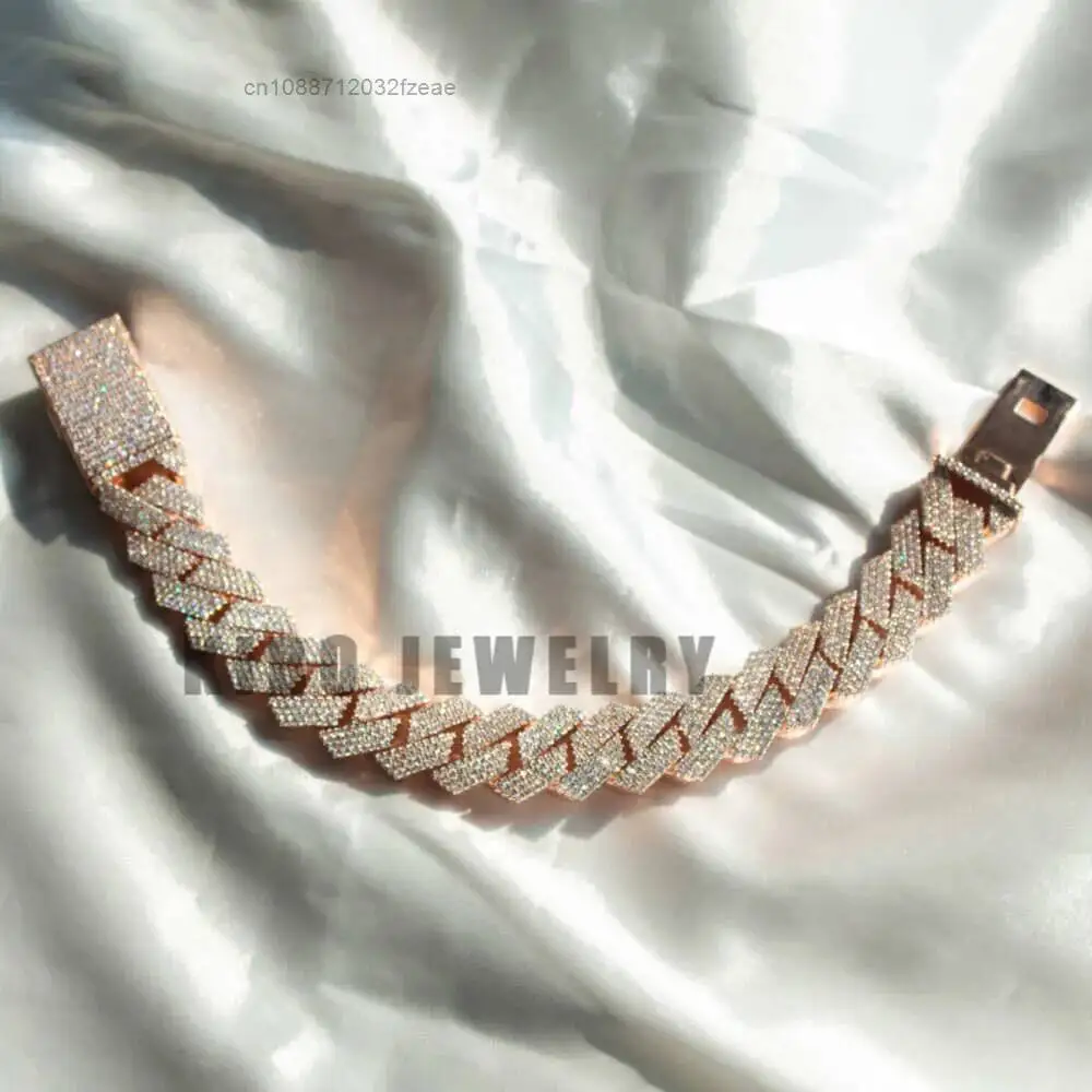 Luxury Custom Heavy Hip Hop Big Size Rapper 925 Silver with Rose Gold Mossanite 18mm Vvs1 Moissanite Iced Out Cuban Link Bracele