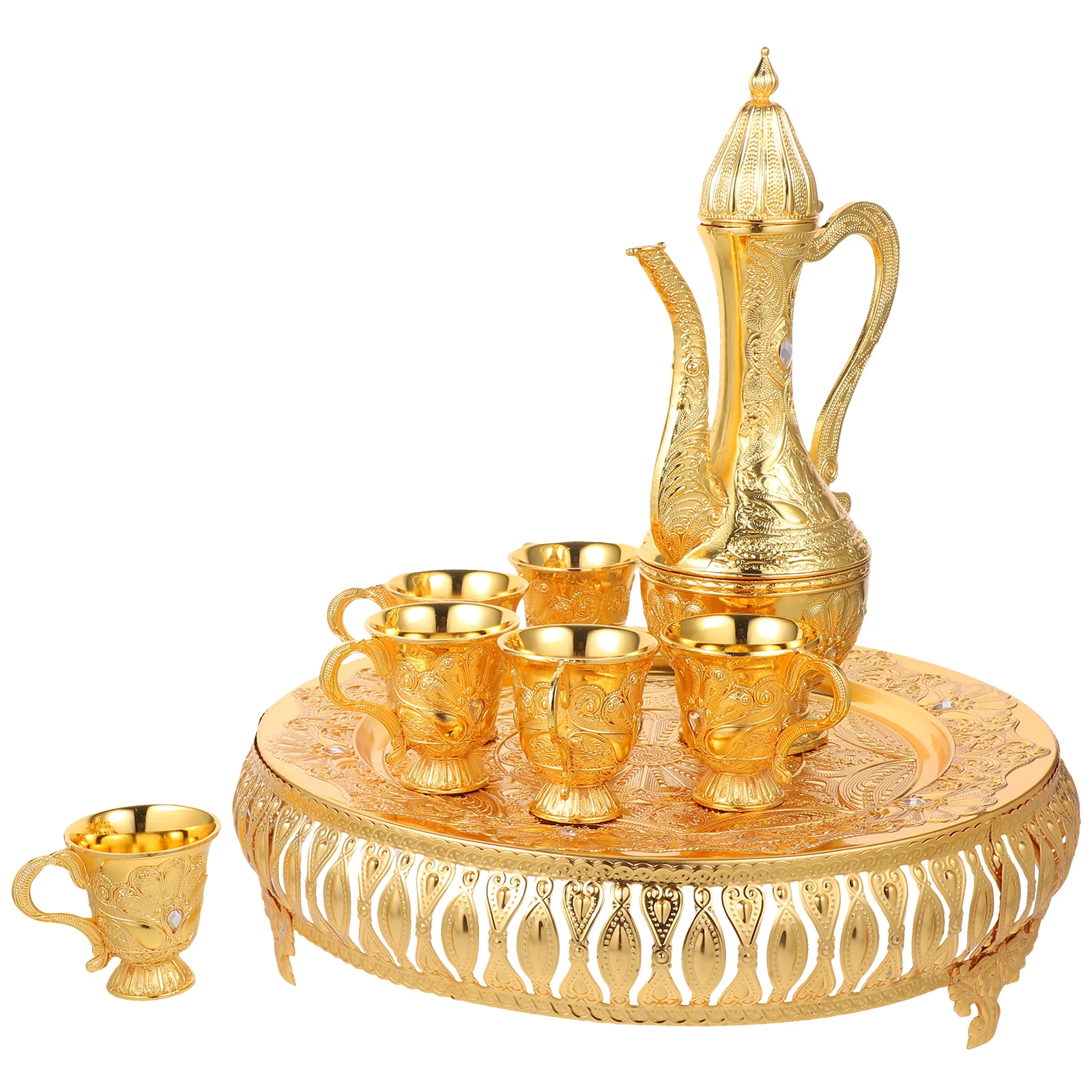 

Turkish Coffee Set Tea Pot 6 Metal Cups Tray Golden Decorative Vintage Serving Kit Home Office Kitchen Bar