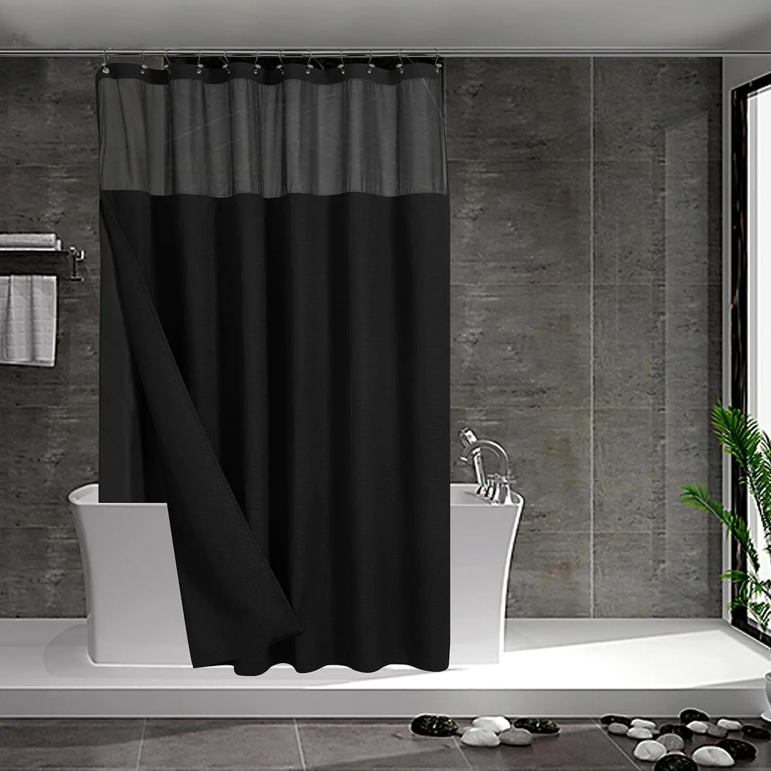 

Waffle Weave Shower Curtain with Snap-in Liner & 12 Hooks - Water-Repellent, Washable, Mesh Window, 71x72, Black