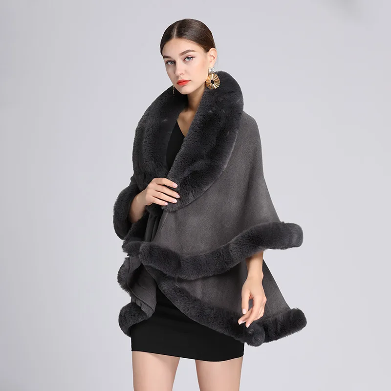 

Batwing Sleeves Thick Shawl Coat Winter Long Big Faux Rabbit Fur Collar Poncho Cape Warm Women Loose Outstreet Wear E2003