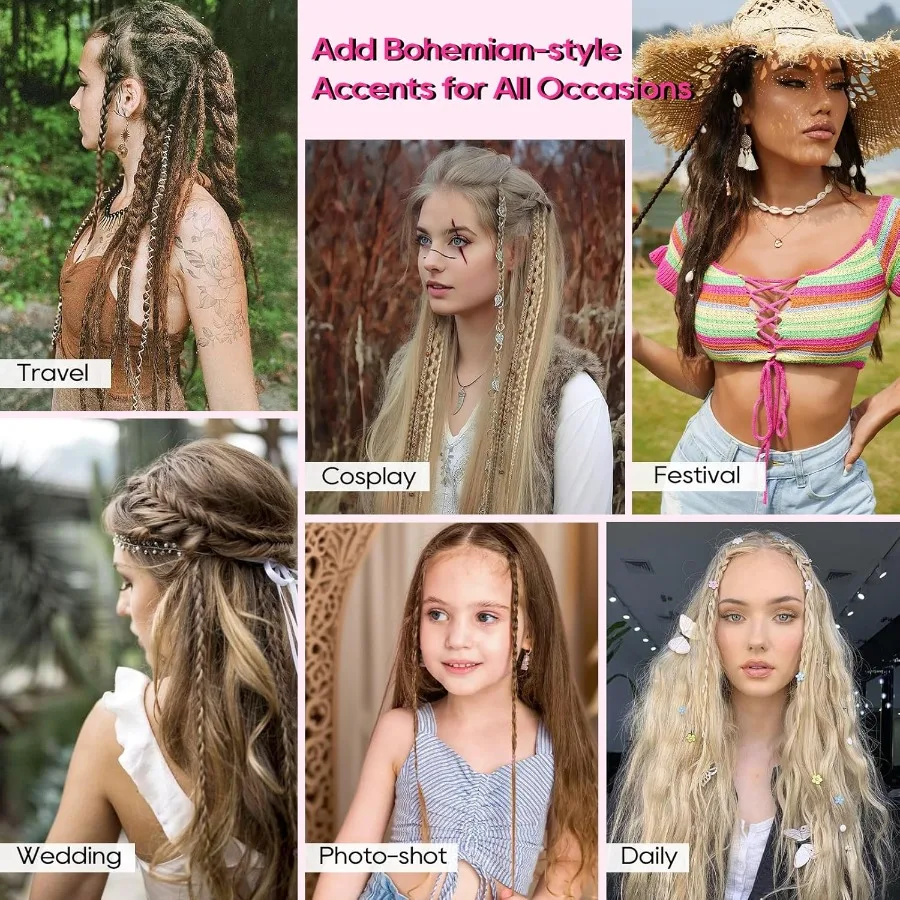 Clip in Braid Hair Extensions for Women 16 Boho Dreadlock Clip in Braids with Beads Charms 2PCS Handmade Synthetic Braided Hair