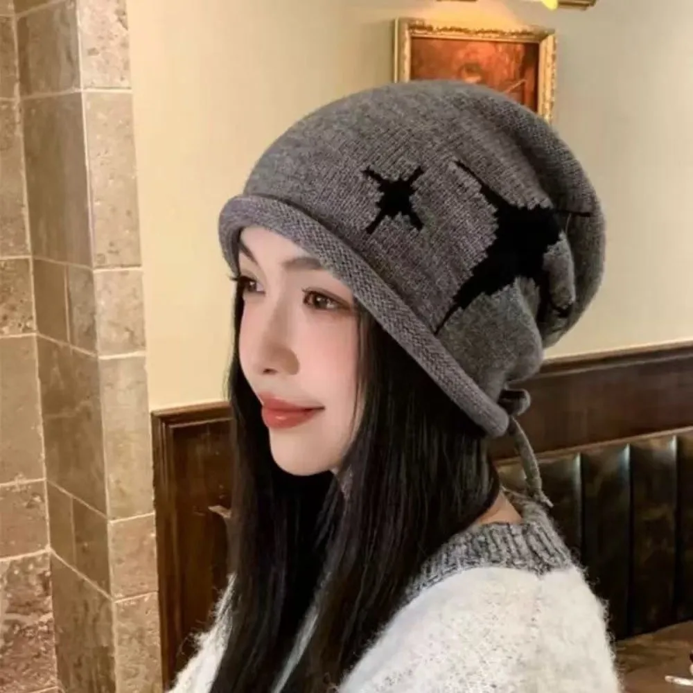قبعة صوفية محبوكة بنمط نجمة كاجوال مقاومة للرياح وغطاء رأس سميك يحافظ على الدفء قبعة حماية الأذن في الهواء الطلق