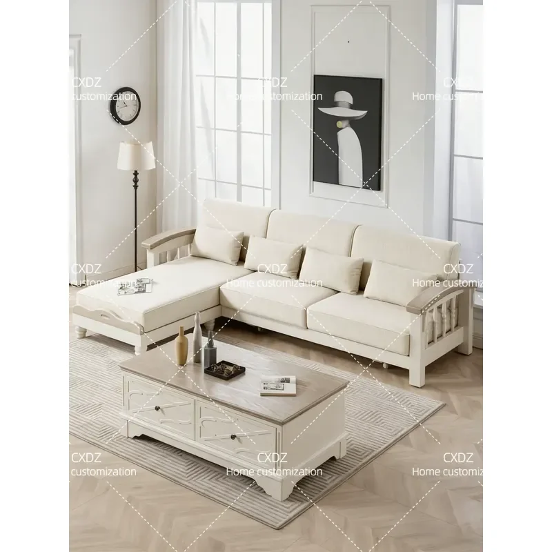 Solid Wood Sofa Bed Corner Sectional Fabric Couch with Dual Color Matching Light Luxury Style for Small Apartment Living Room