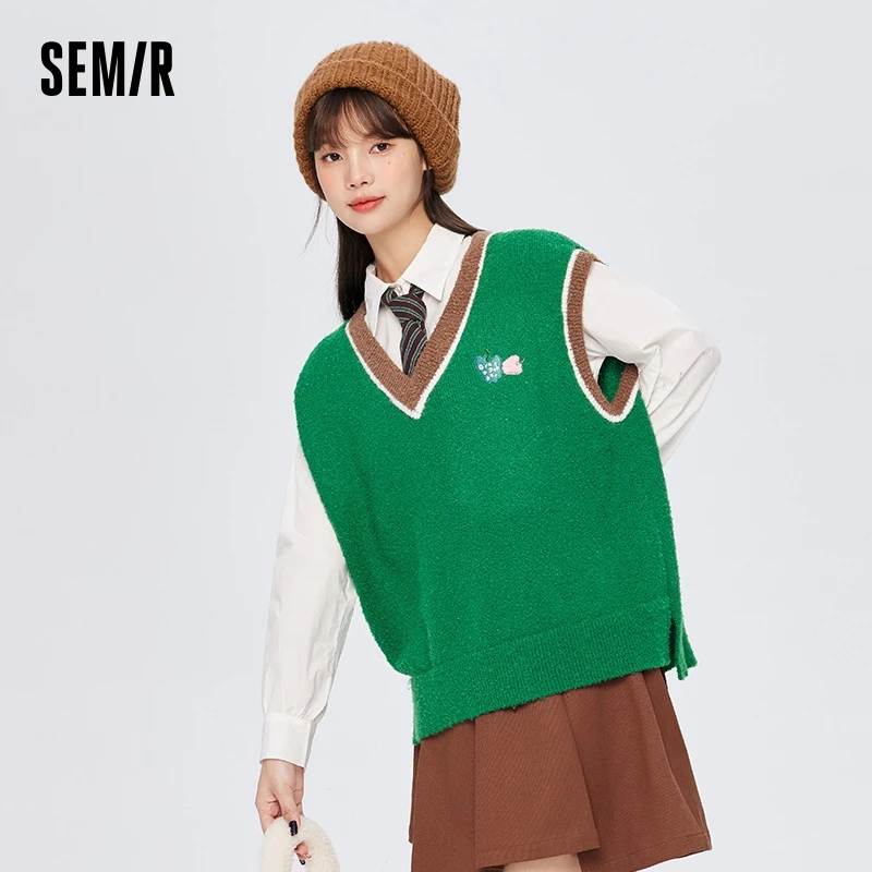 Semir Vest Women V-Neck Contrast Color Embroidery Top Temperament 2024 Winter Top Loose Overlay Retro Pullover Shirt