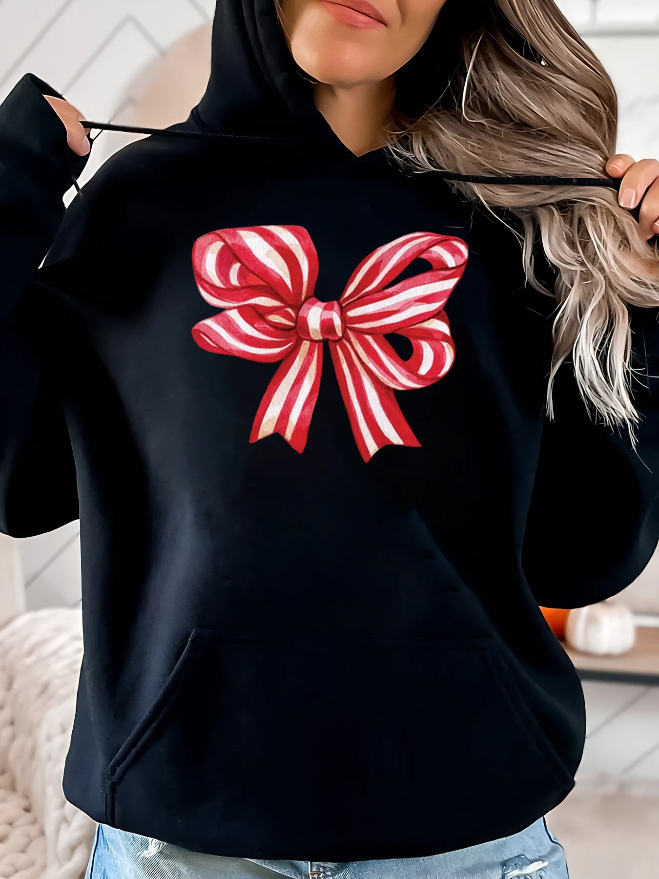 

Рождественская толстовка с принтом конфетной трости и бантом, женская повседневная праздничная одежда, черная, больших размеров