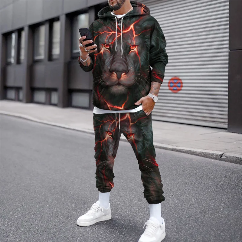 Setelan Olahraga Longgar Singa Gambar 3D Hoodie Pullover Baju Olahraga Lengan Panjang Set Celana Olahraga Pria Pakaian Pria Musim Dingin