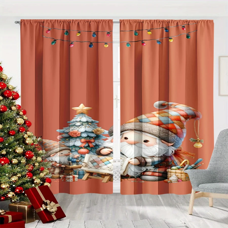 2PCS Christmas Winter Curtains, Gnome Painter String Lights Christmas Tree, Digital Print, Bedroom Living Room, Home Decor