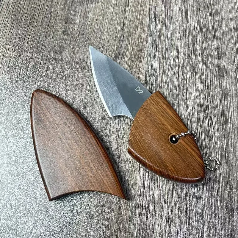 Mini D2 Blade EDC Keukenmes met houten handvat en houten schede Outdoor Camping Multifunctioneel uitpakmes