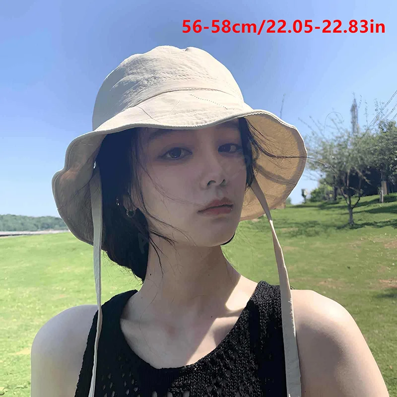 

Women Fisherman Hat Windproof Lace Up Fixed Strap Wide Brim Lady Bucket Hat Sunshade Anti-UV Flat Top Basin Hat Foldable Cap