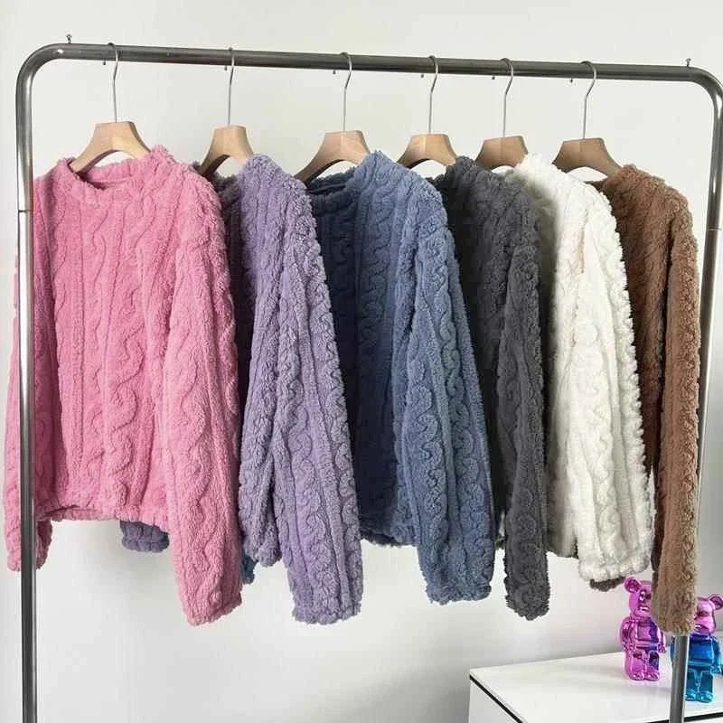 Winter Soft Coral Velvet Jacquard Warm Pajama Set for Women Solid Minimalist Striped Loungewear Female Comfortable Sleepwear New
