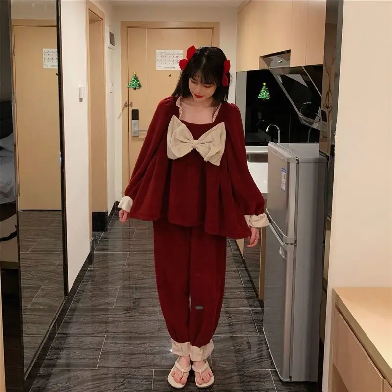 Pajamas women winter thickened coral velvet student dormitory cute plus velvet princess style Japanese home wear set aesthetic