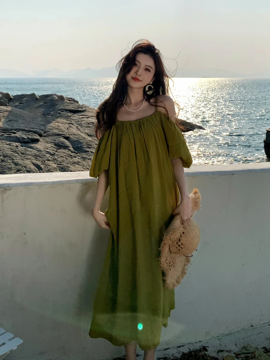

Beach Lady Sanya Beach Vacation Dress Green Strapless Loose Slimming Summer A-Line Skirt Women's Casual Comfortable Breathable
