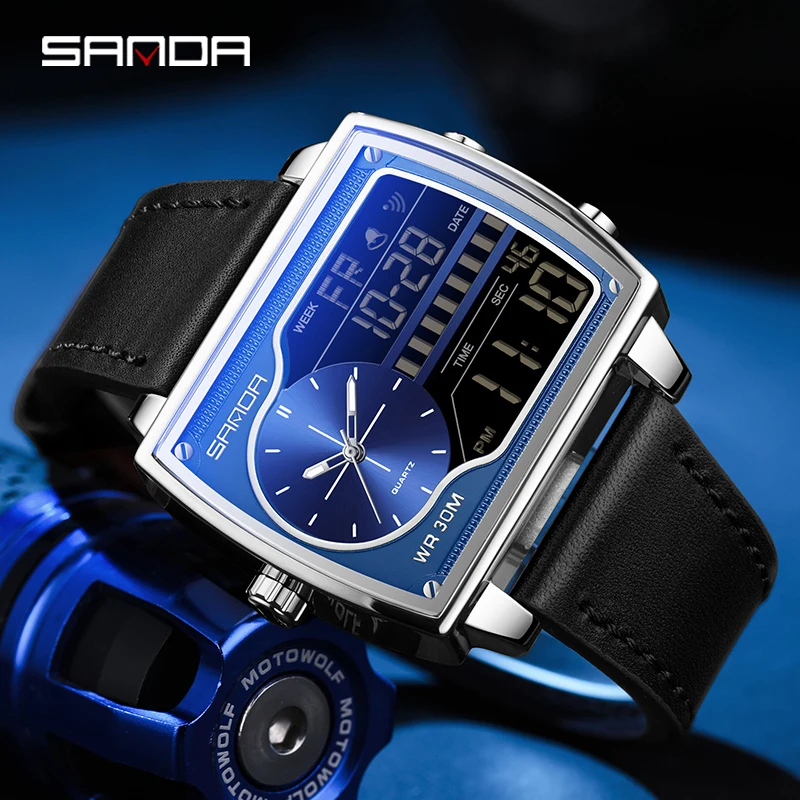 SANDA 6163 nuevo reloj electrónico Digital de cuero de cuarzo para hombre, relojes deportivos de cuenta atrás, reloj de pulsera con pantalla Dual, reloj Masculino