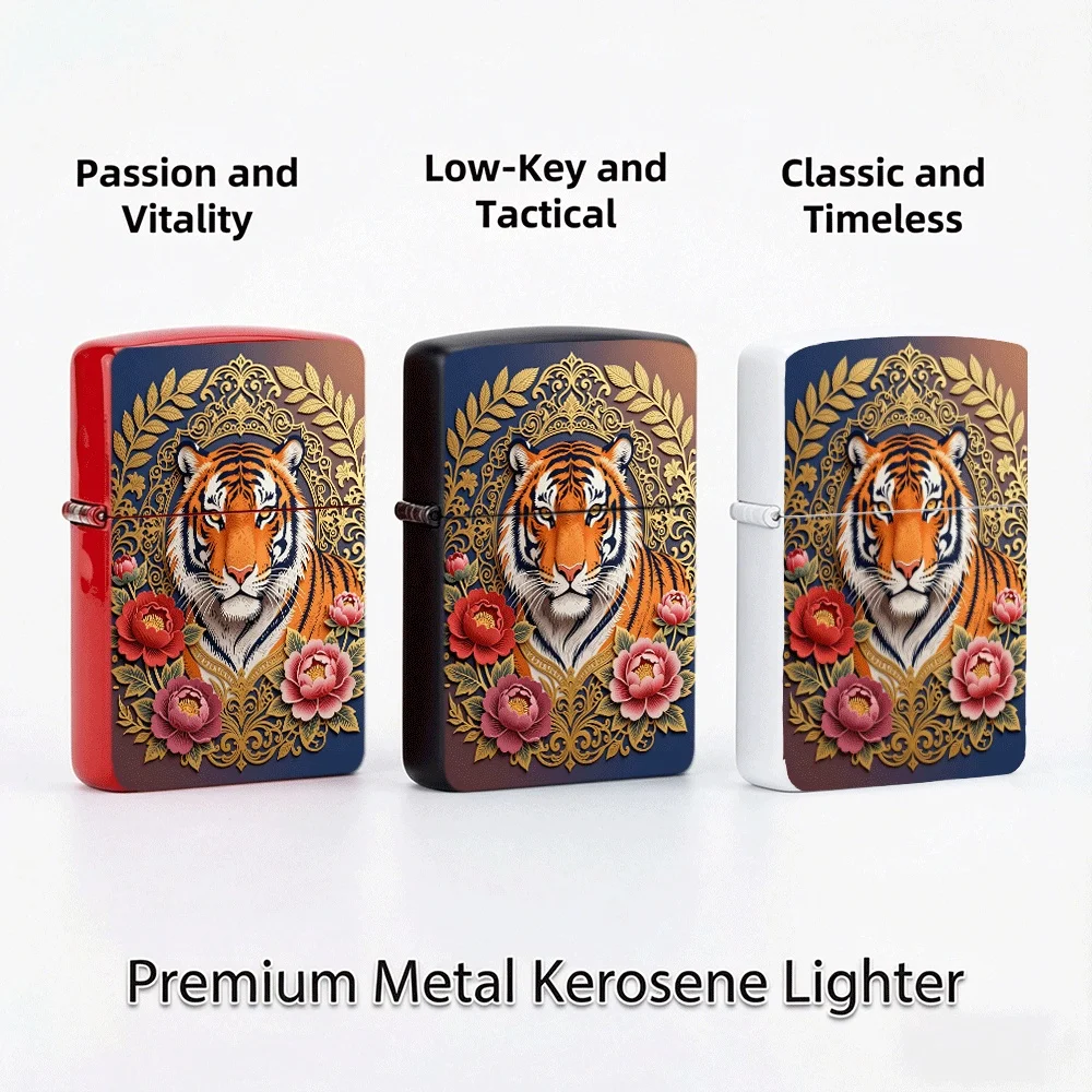 Vintage Flip Top Lighter lighters vintage Papercut Tiger Head Peony Flower Golden Ornate Frame Folk Print lighters for smokers