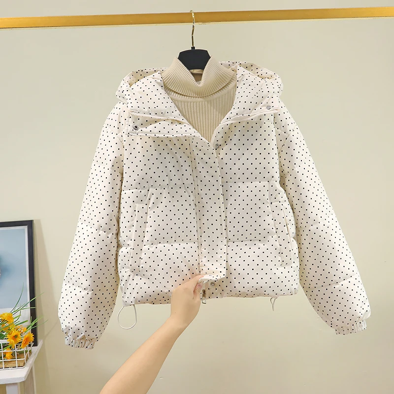 

Новое зимнее хлопковое пальто с капюшоном маленького размера, свободное пуховое хлопковое пальто для женщин, большой размер, в горошек, сладкий хлеб, студенческое хлопковое пальто