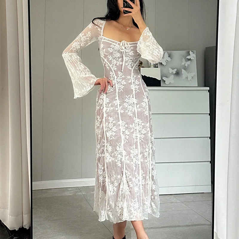 Combhasaki Women Vintage Elegant Floral Lace See-through Long Sleeve Square Neck Flower Tie-up Maxi Long Fall Swing A-Line Dress