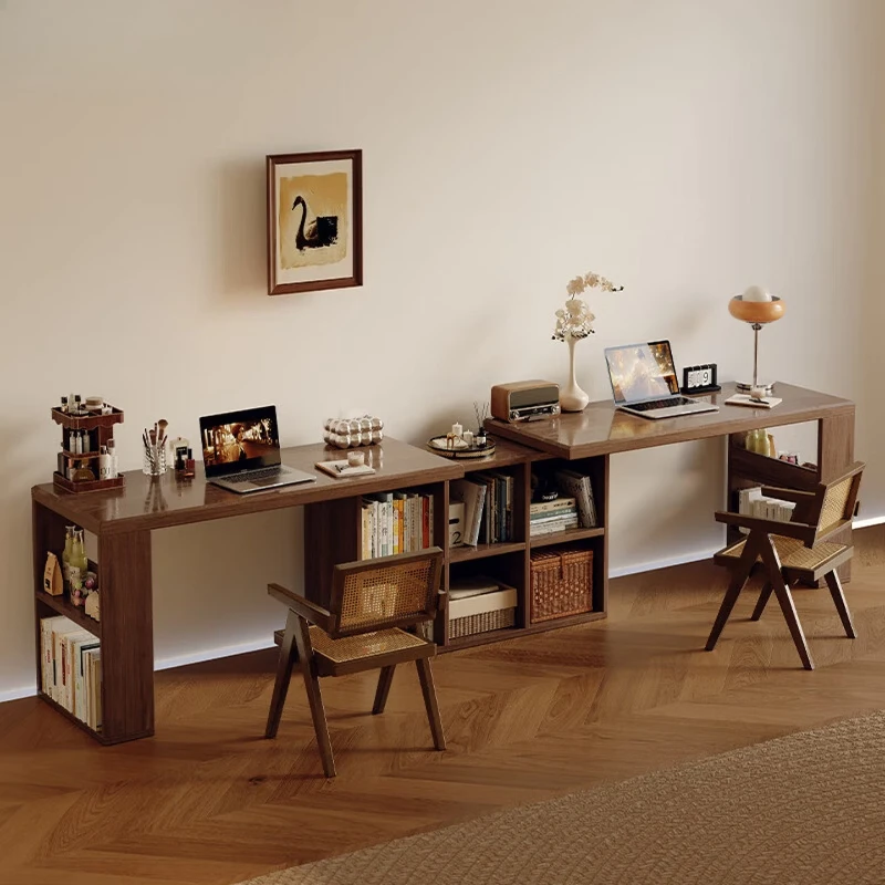 

Solid wood double desk, adult home study desk, integrated retractable computer desk