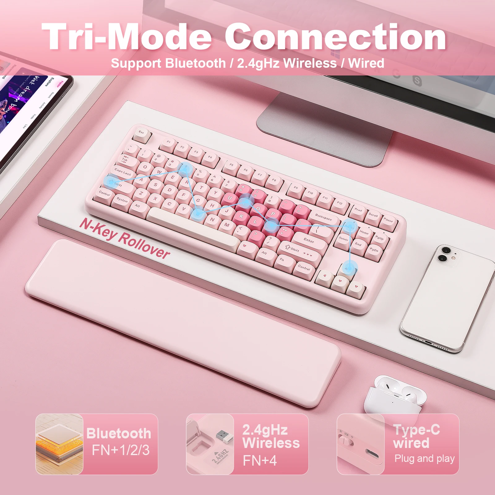 YUNZII B87 Keyboard Gaming Mekanis Merah Muda, Keyboard RGB Gasket Kustom QMK/VIA, Keeb Estetika Nirkabel, Sandaran Tangan untuk Win/Mac