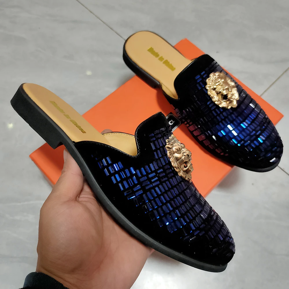 

Men's blueBaotou slippers genuine leather casual perforated breathable small leather shoes large sized semi-slippers men's shoes