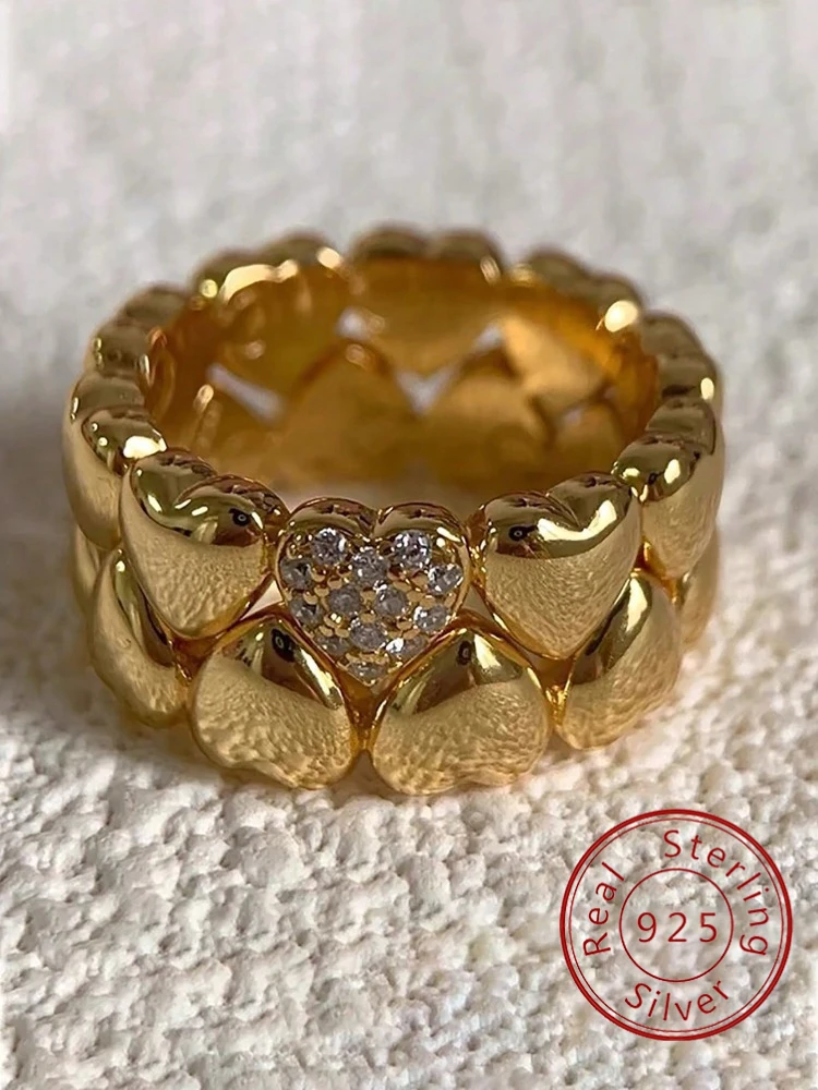 

925 Sterling Silver Simple Double Layered Love Heart Shaped Zircon Ring For Women Engagement Wedding High Quality Fine Jewelry