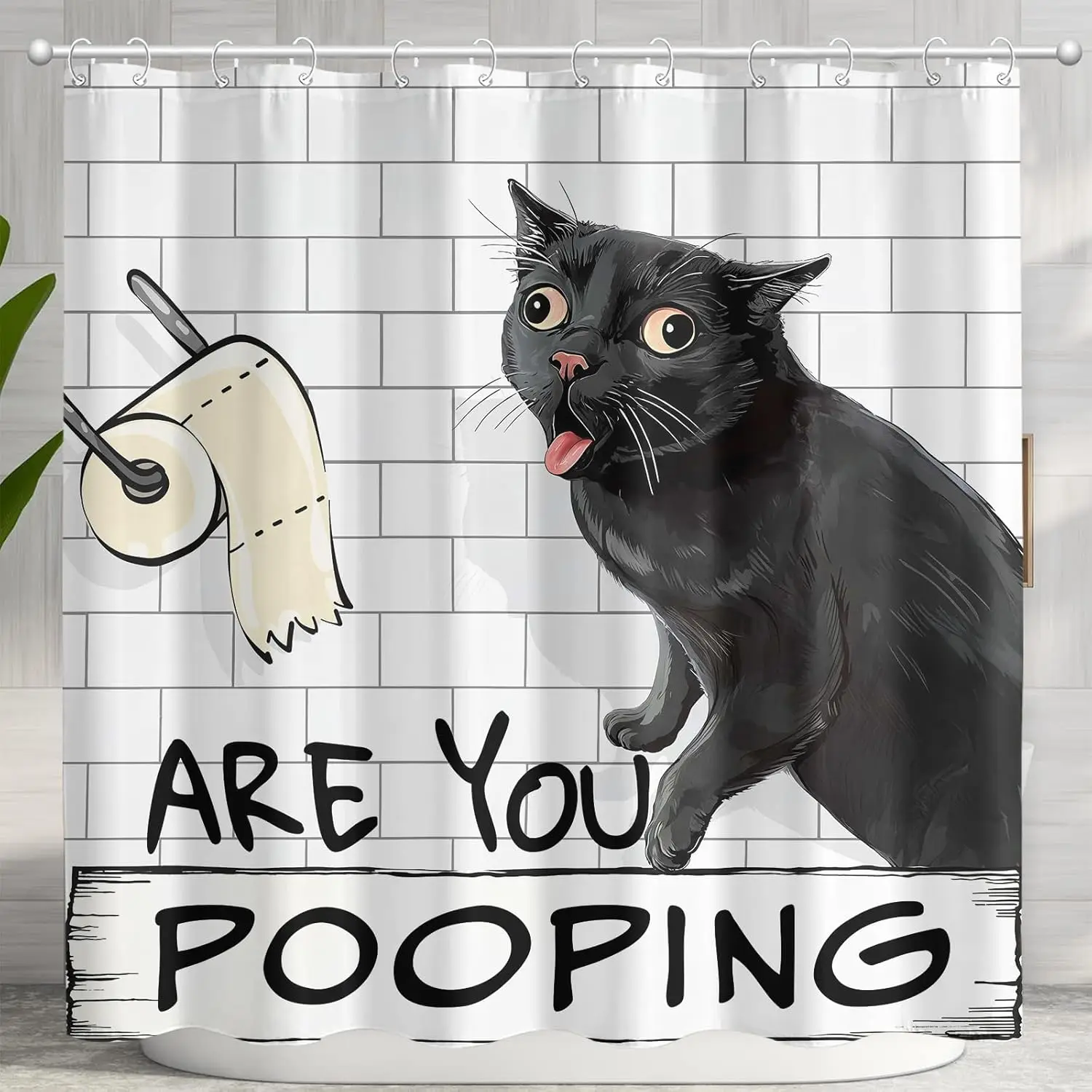 Funny Black Cat Shower Curtain, Rustic Farmhouse Cute Animal Design, Humorous Quote Pattern, Waterproof Fabric Bath Curtain